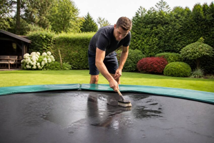 Trampoline in de tuin wordt schoongemaakt voor onderhoud