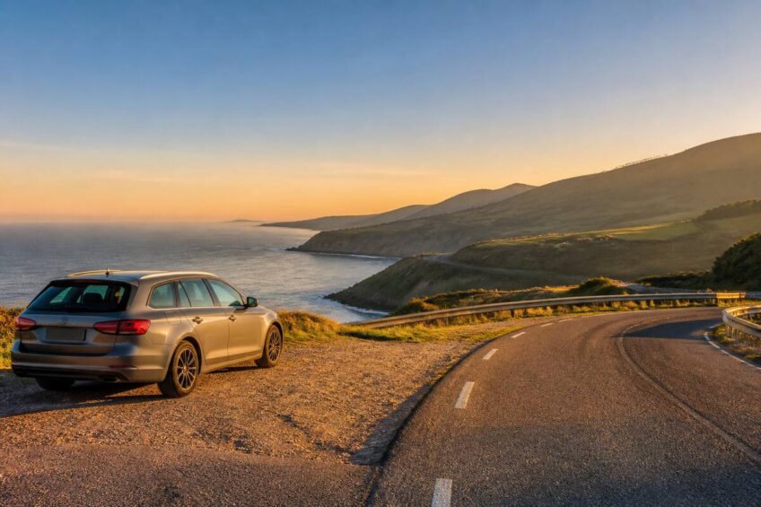 Roadtrip inspiratie: een auto op een scenic route met uitzicht over zee