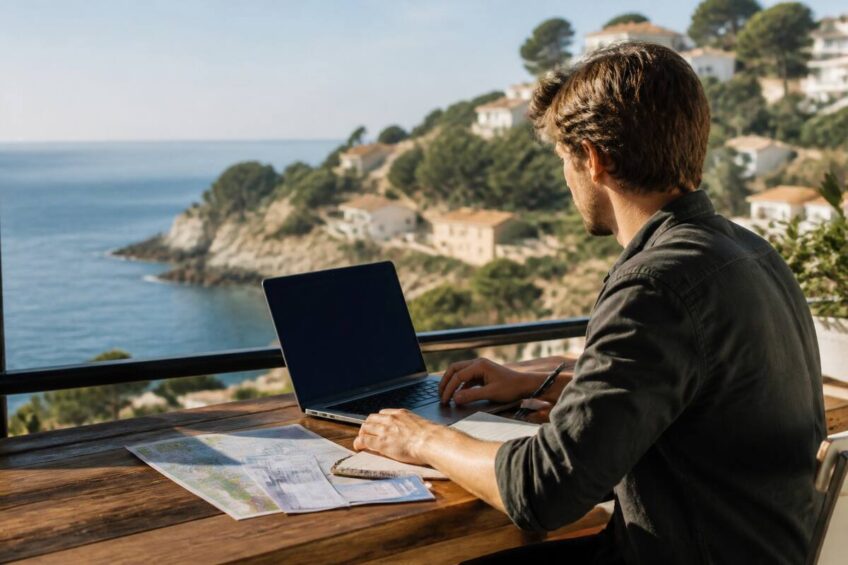 Vakantie vergelijken met laptop en notitieboekje op een zonnig terras.