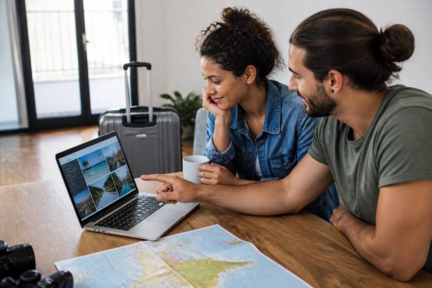Stel vergelijken en vakantieplannen op een laptop aan een tafel met kaart en reiskoffer