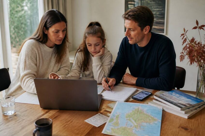 Gezin maakt een vergelijking van vakanties aan de eettafel met laptop en reisnotities
