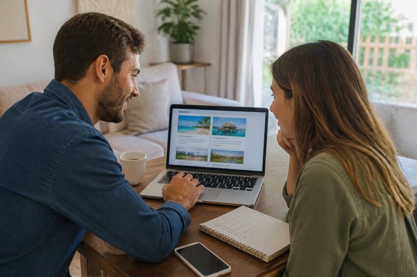 Checklist voor het vergelijken van reizen en vakanties op een laptop met notitieboekje