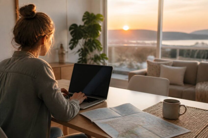 Iemand die op een laptop reisopties vergelijkt met een reisplanner op tafel