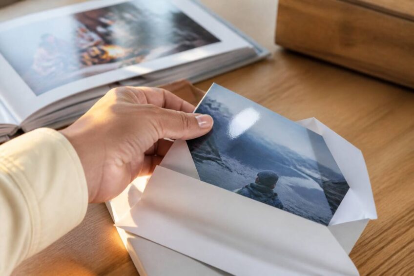 Hand die een foto-afdruk uitpakt onder daglicht met zichtbare kleuren en papierdetails, zonder tekst op beeld