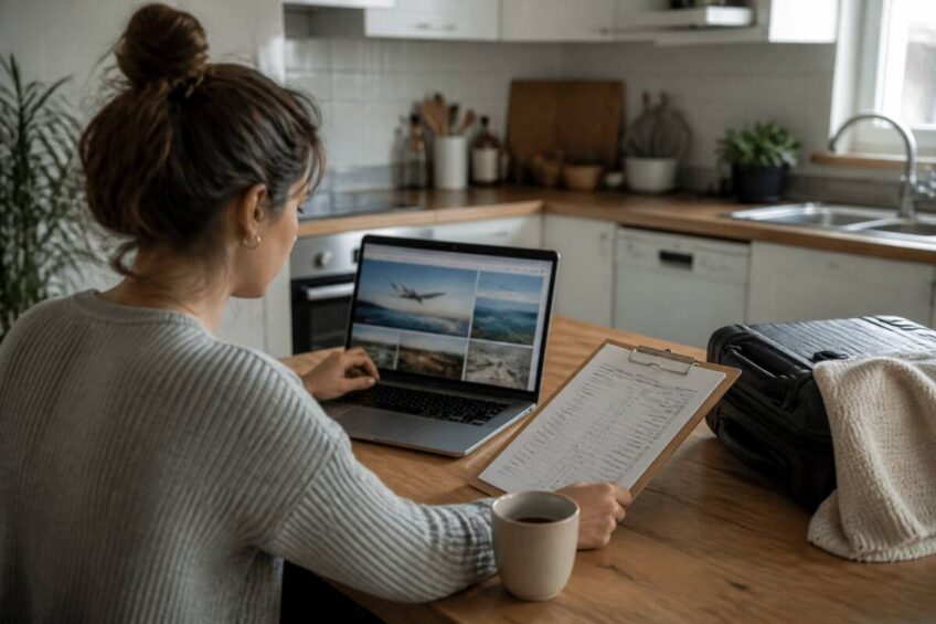 Reiziger vergelijkt vakanties op laptop en checklist