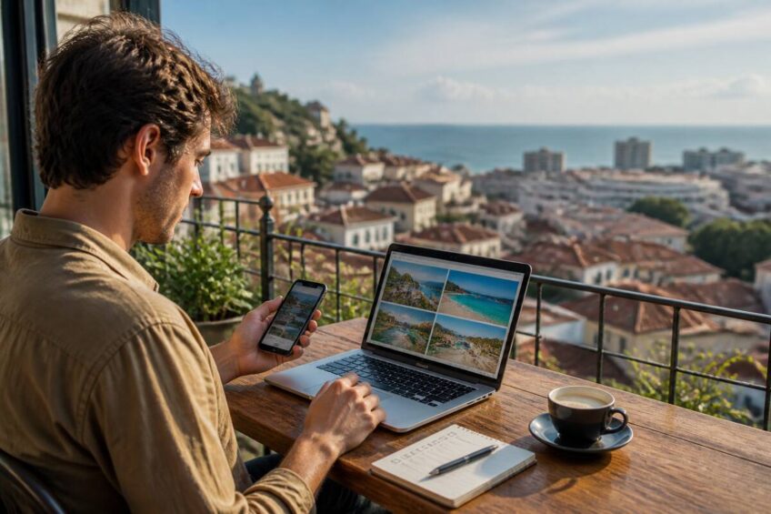 Persoon die vakantie-opties vergelijkt met laptop en checklist op een terras