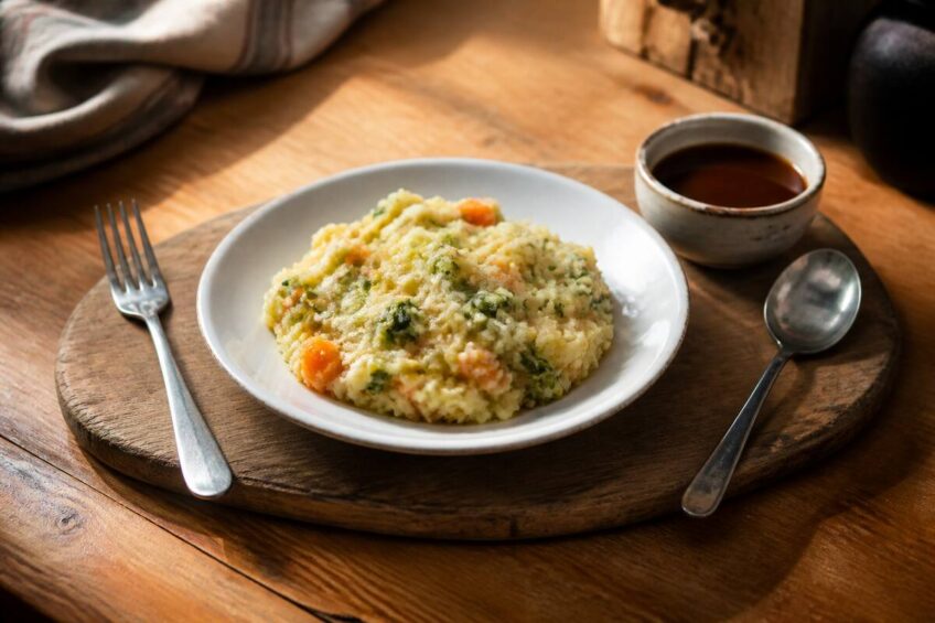 Bord stamppot met romige puree en groente, met jus en bestek op tafel
