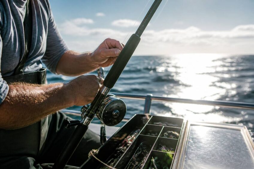 Visuitrusting controleren op een sportvisboot op zee